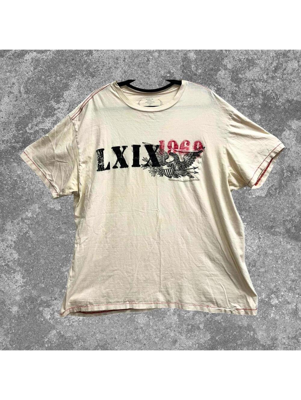 Vintage Style Graphic T Shirt XL Distressed Holes Eagle 1969 Cream Peru Cotton